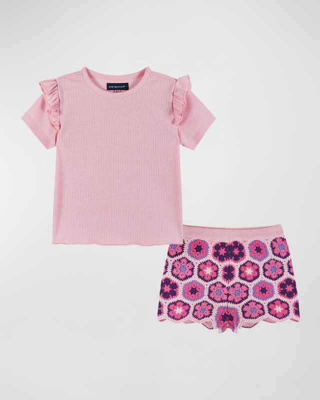 Girl's Ribbed Top & Crotchet Floral Shorts, Size 2T-6X